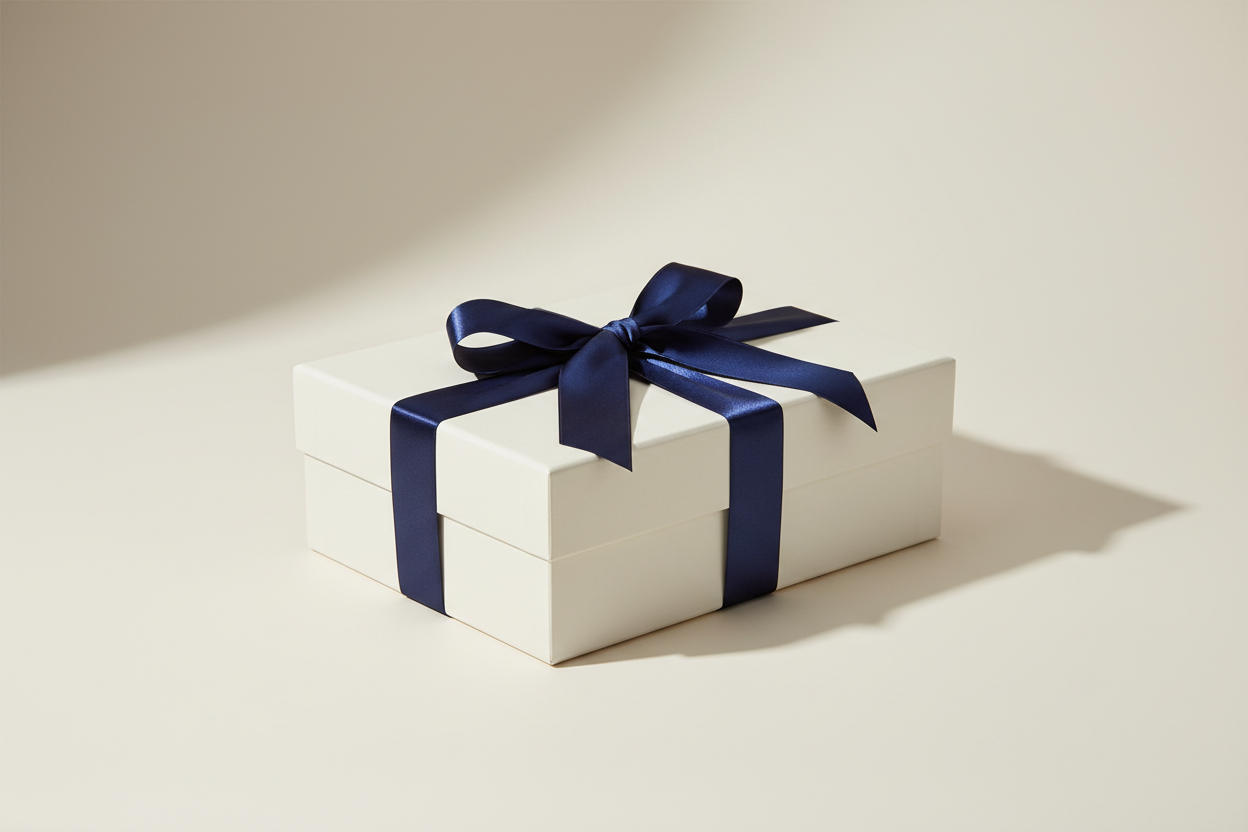 Closed magnetic box with a beautiful ribbon (maybe the Navy one for contrast, or the Red one).